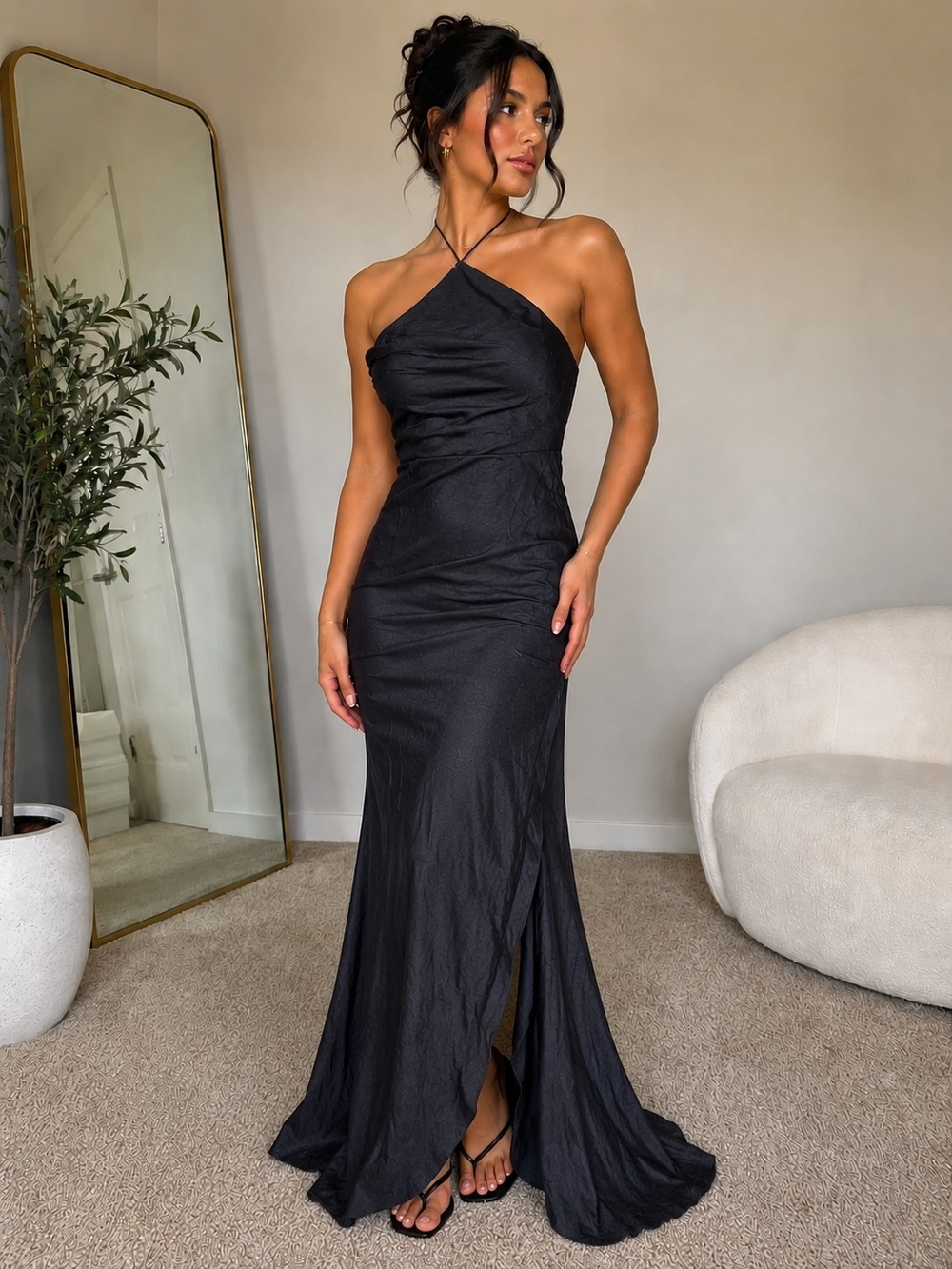 Elegant Black Strapless Evening Gown with Halter Accent